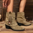 thumbnail image 2 of Lovzfmll Wide Calf Boots for Women, Plus Size Bohemian Stacked Ankle Low Heel Fringe, Block Mid Heel Pointy Toe Fringe Booties Chelsea Boots Fall Khaki Boots, 2 of 9