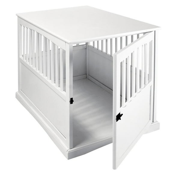 FurniFact White Dog Kennel Furniture with Gate, Solid Wood Dog Crate End Table