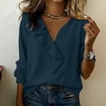 thumbnail image 2 of Khunlpohl 3/4 Sleeves Cotton Linen Tops for Women V Neck Ruffled Solid Color Clothes Casual Business Trendy Dressy Blouses, 2 of 9