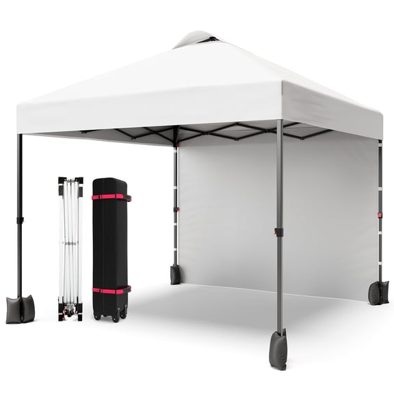 10X10 Ft Pop-Up Canopy Tent with Sidewalls & Vented Roof Easy Setup Instant Shade Shelter for Picnic, Camping, Includes Storage Bag, Sandbags, Stakes & Ropes(Black Support White Cloth)