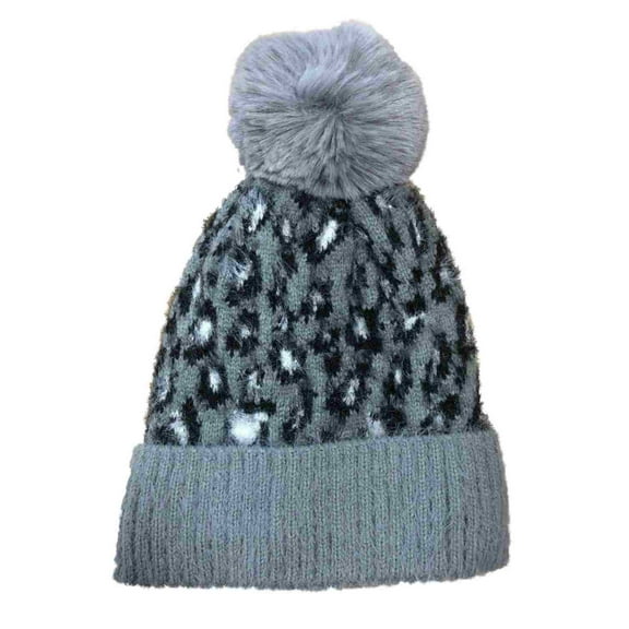 Womens Silky Soft Gray & Black Leopard Print Beanie Hat Knit Stocking Cap