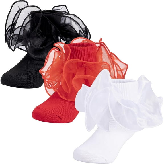 3 Pairs Dicry Baby Girls Double Lace Turn Cuff Socks with Big Ruffle for Infant Toddlers and Kids