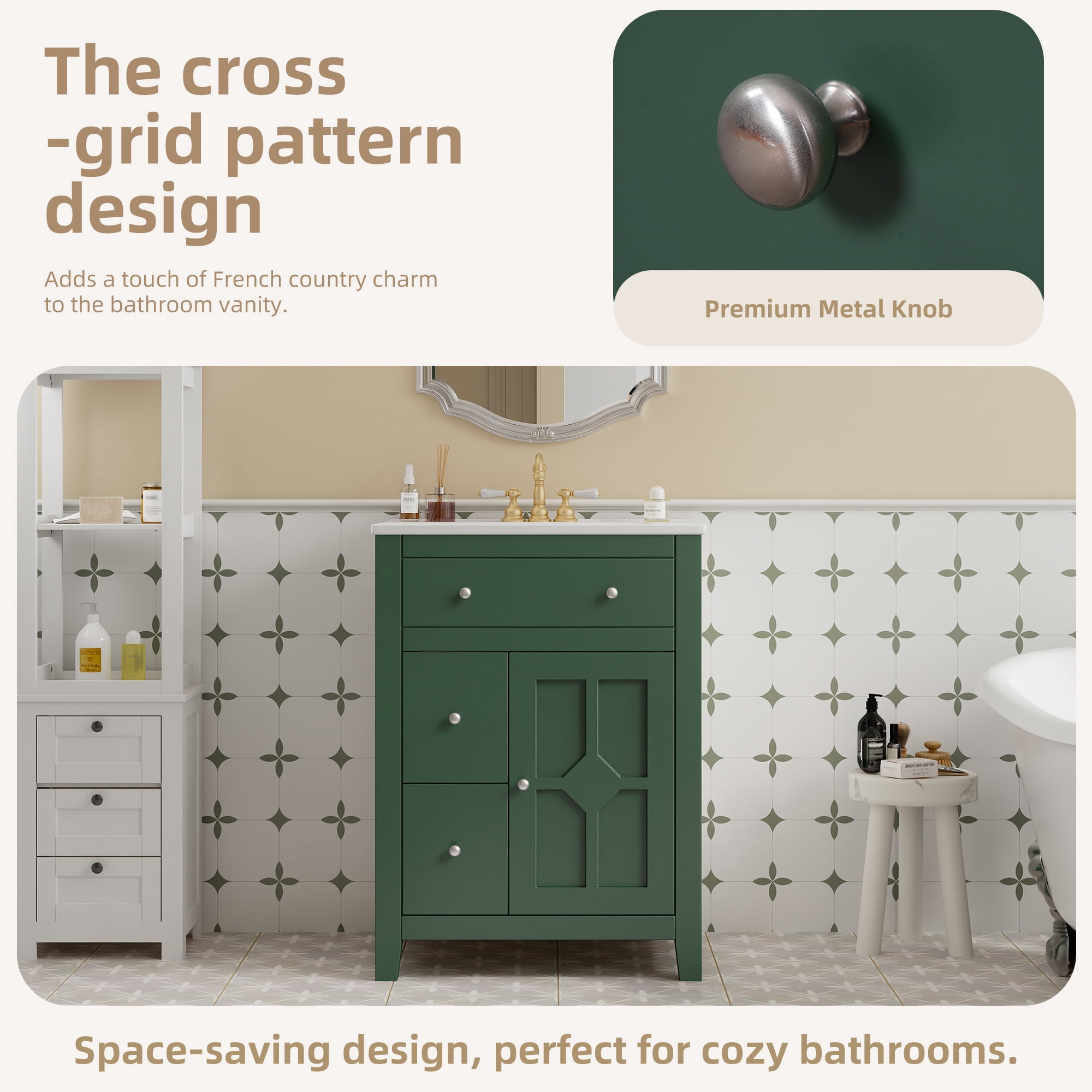 Euroco 24" Modern Bathroom Vanity with Ceramic Basin, Restroom Basin Cabinet with 2 Drawers, Small Bathroom Cabinet with Soft-Closing Door