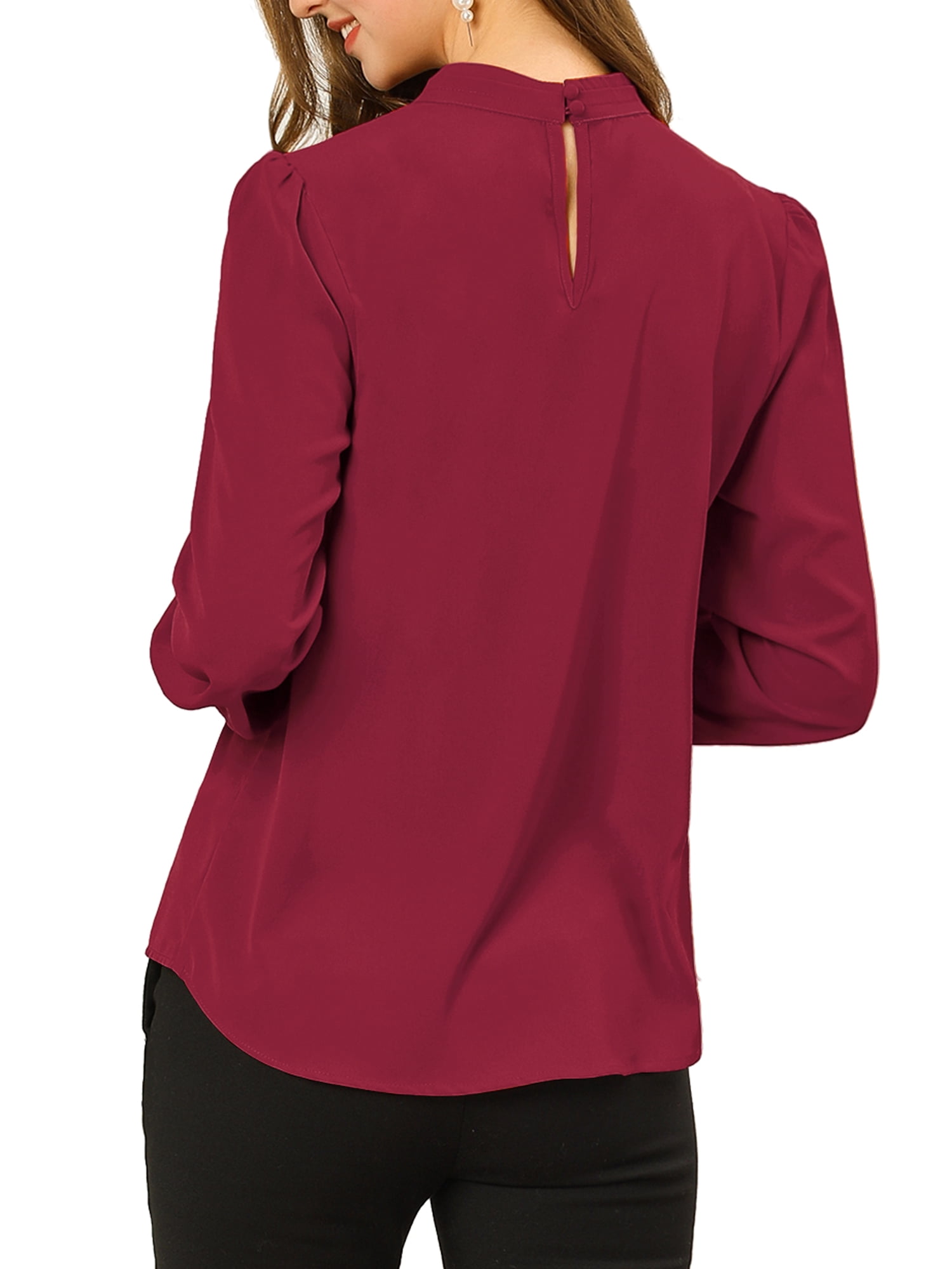 DARING DIVA Women's Stand Collar Long Sleeve Office Blouse XL Burgundy