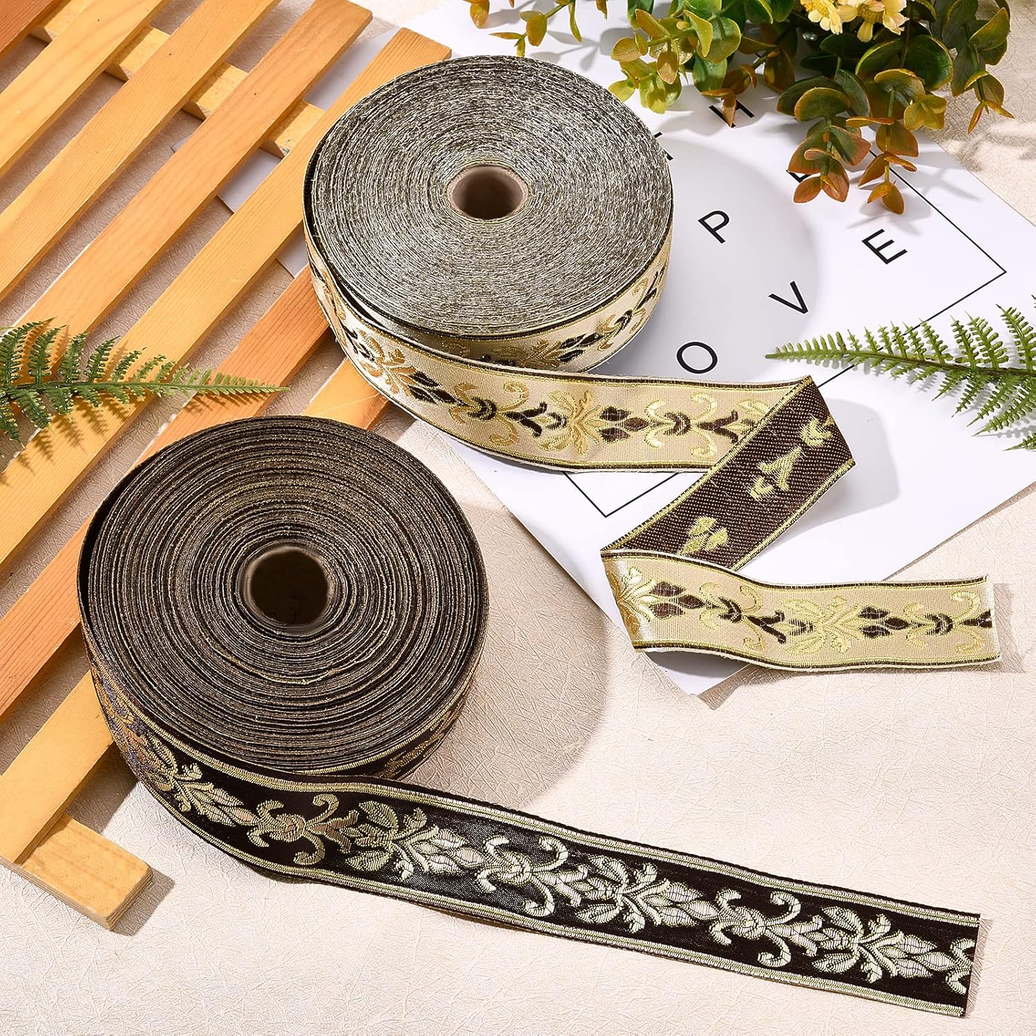 27 Yard 1.18 Inch Vintage Jacquard Ribbon Khaki Jacquard Trim Emobridered Woven Trim Gold & Brown Floral Webbing Ribbon for DIY Clothing Accessories Embellishment Decorations