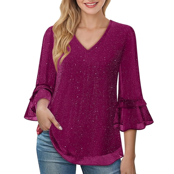 Fmbrln Womens Elegant Glitter Blouse Ruffle 3/4 Sleeve V Neck Shiny Party Blouse Fashion Casual Mesh Breathable Dressy Shirts Tops