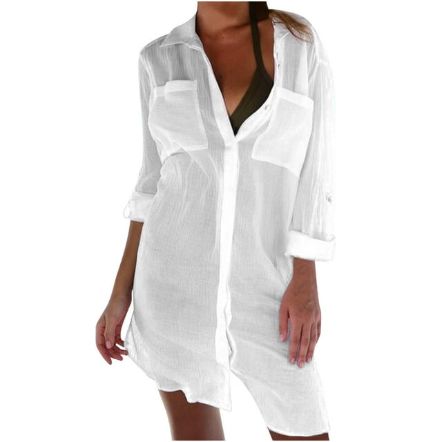 Plebaso Womens Beach Cover up Button down Shirts Swimwear Lightweight Bikini Beach Cover up with Pockets