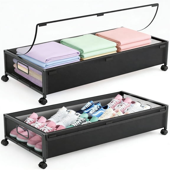 GARITIN Under Bed Storage Containers with Wheels, 2 Pack Underbed Shoe Storage Organizer with Clear Lids, Rolling Under Bed Metal Drawers for Clothes, Blankets, Black