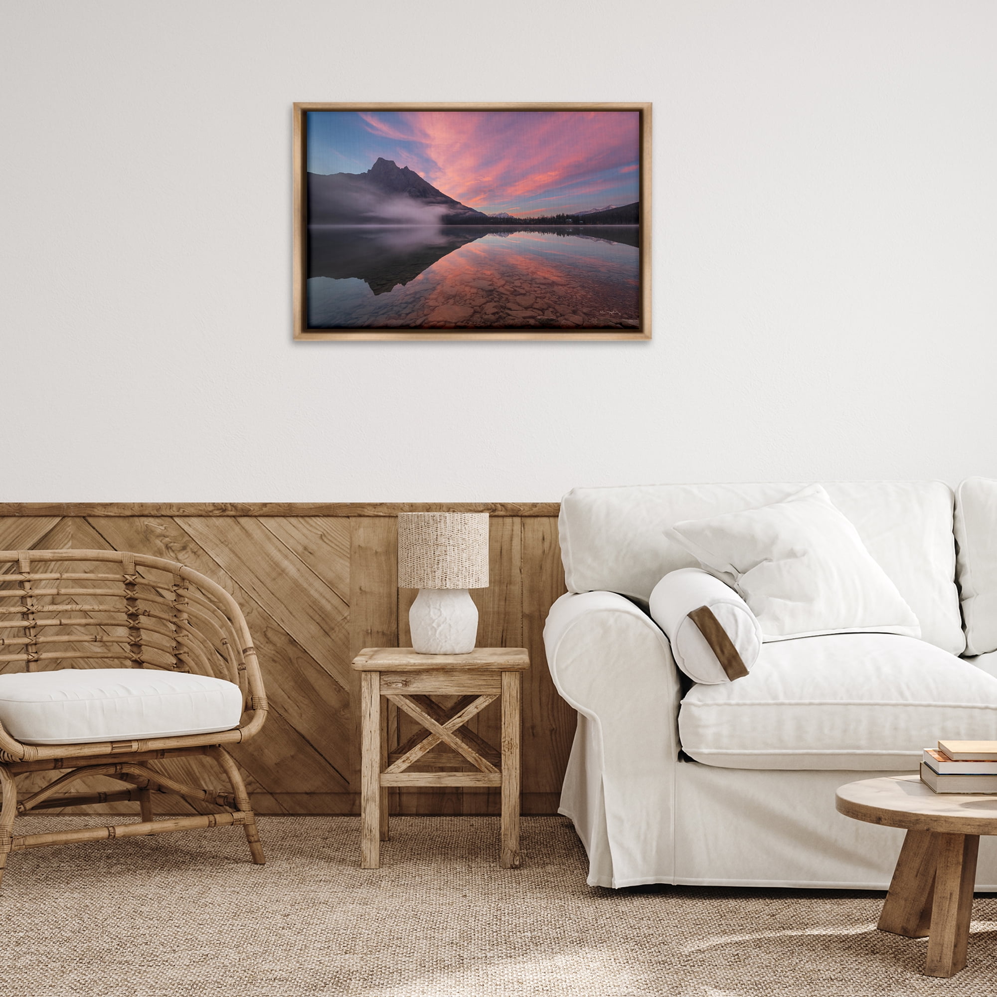 Stupell Industries Emerald Lake Sunset Landscape & Nature Photography Brown Floater Framed Canvas Art Print Wall Art, 31 x 21