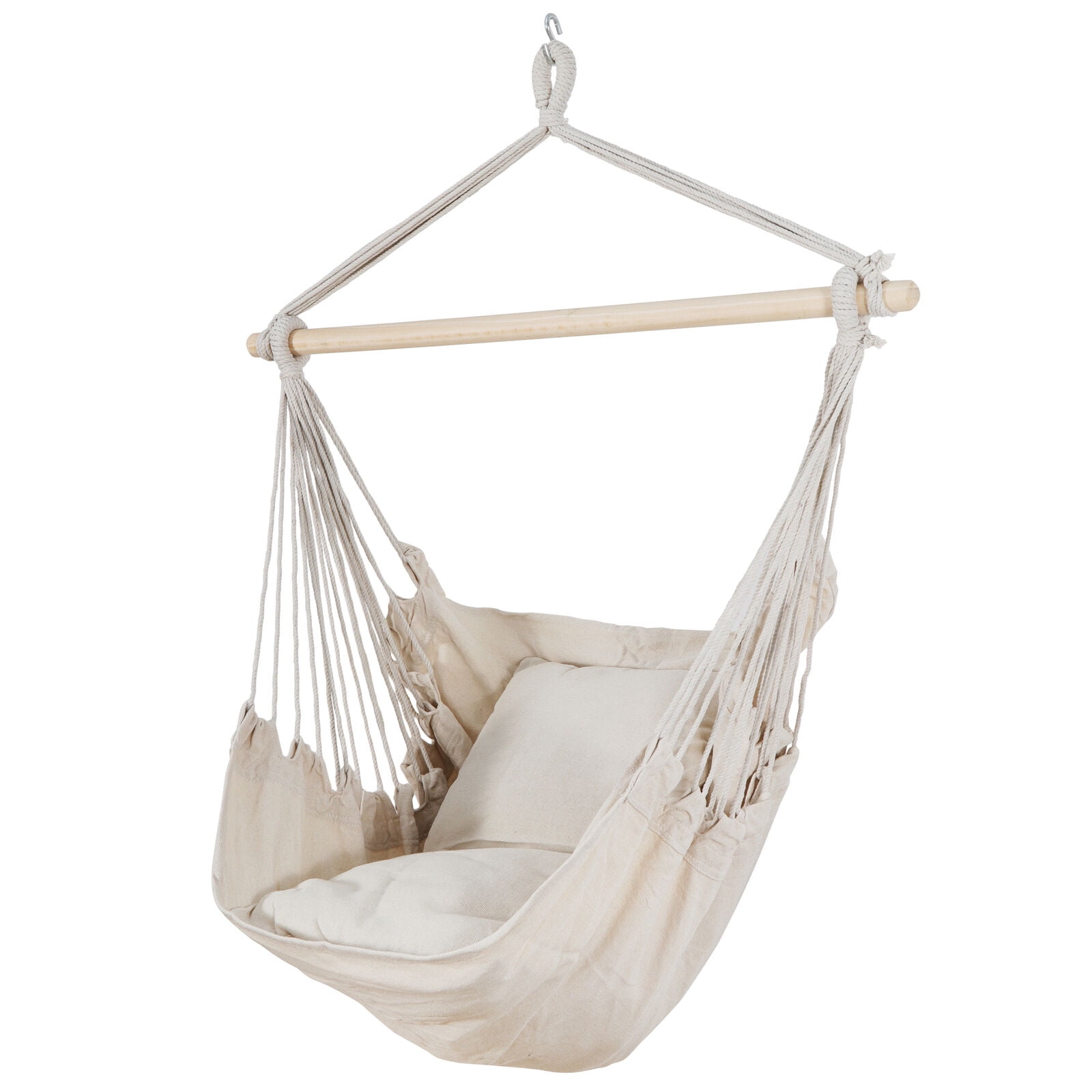 Hammock Cotton Swing Camping Hanging Rope Chair Wooden Beige Outdoor Patio 