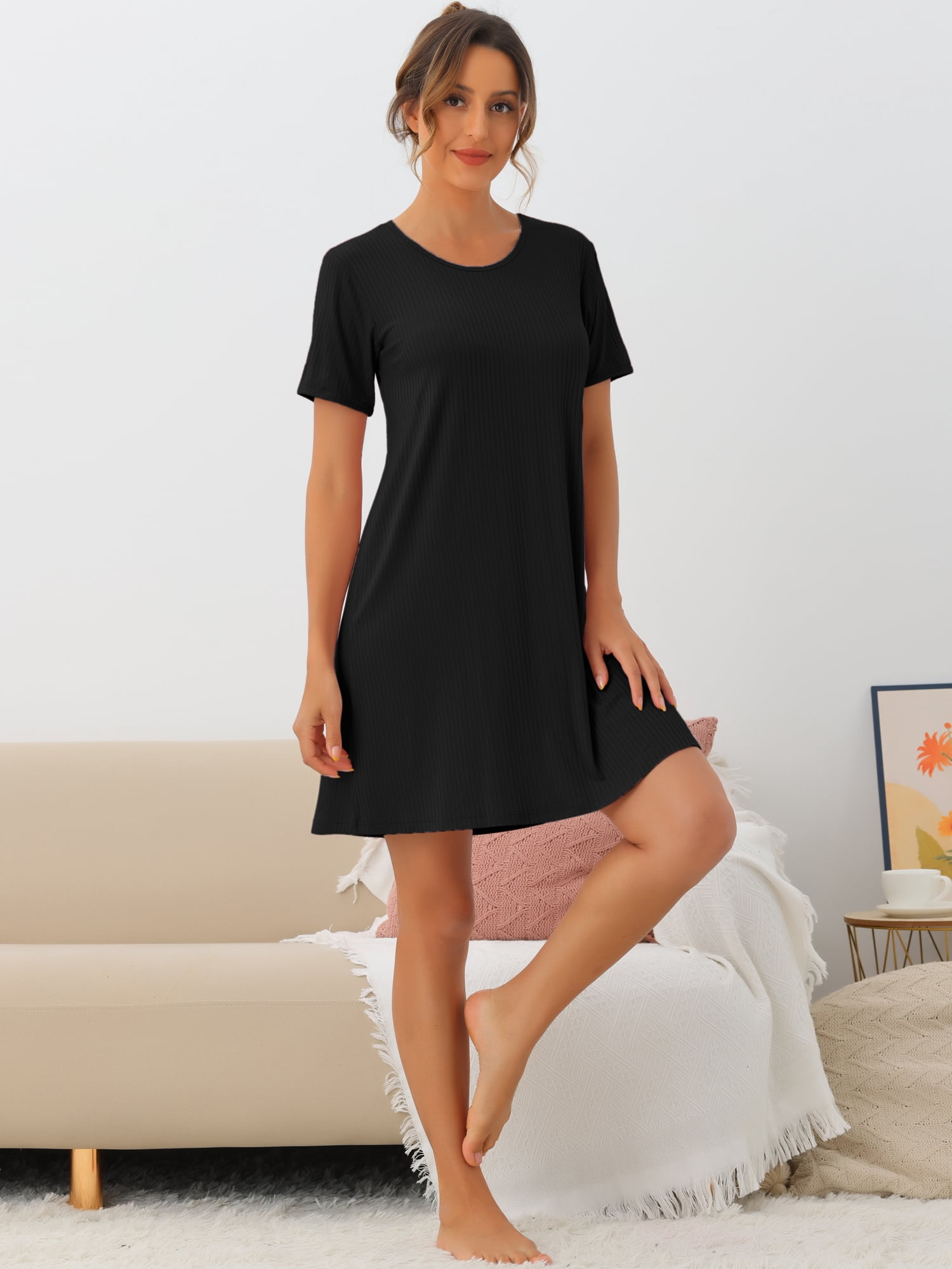 DARING DIVA Women's Modal Short Sleeve Sleep Shirt Crewneck Short Nightshirt XS Black