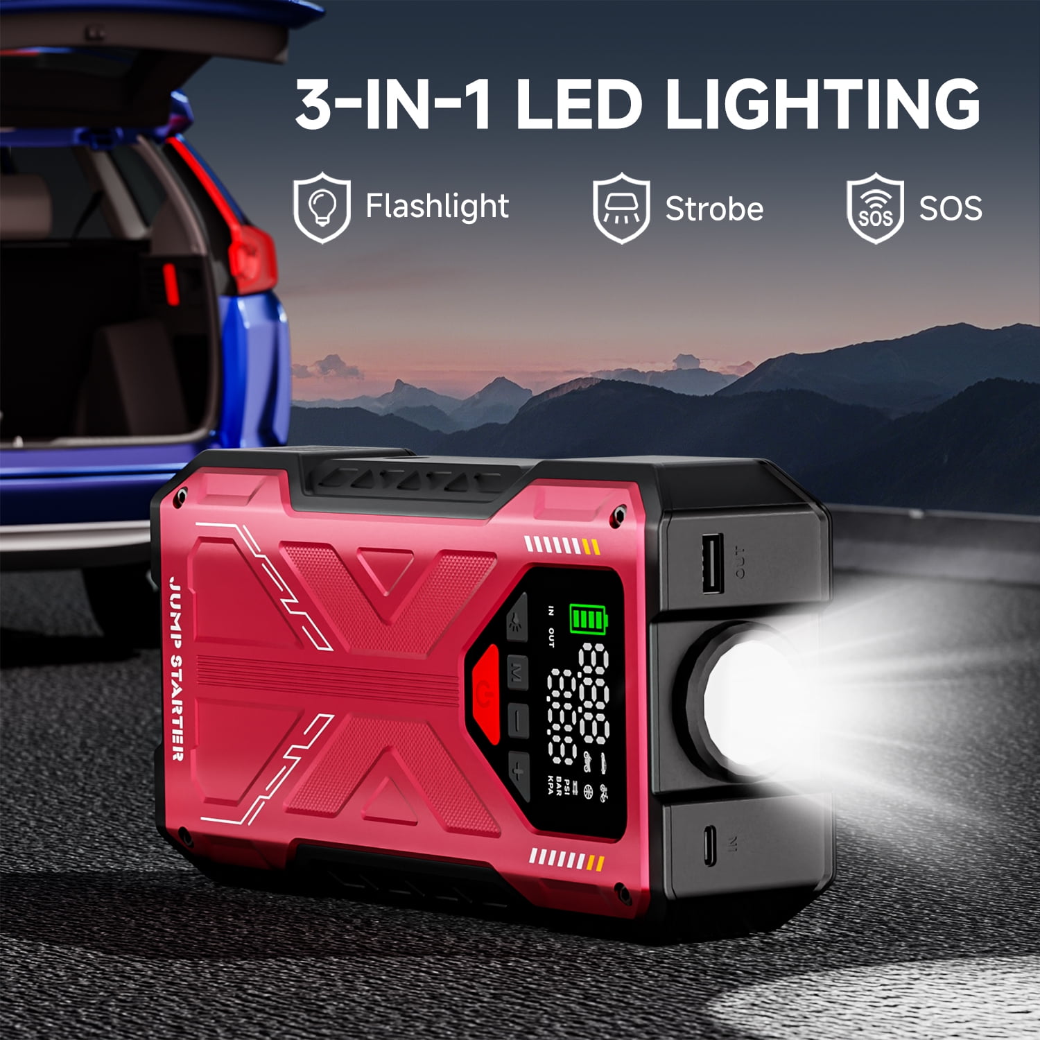 Geeneu Jump Starter with Compressor, 6000A Jump Box Car Battery Charger, Portable Jumper Starter Power Pack (10.0L Gas/8.0L Diesel),Rodeside Emergency Kit for Vehicle/Motorcycle Combo Tire Inflator