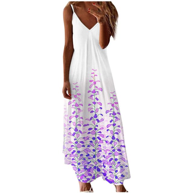 Robe Maxi à Imprimé Floral pour Femmes Sans Manches, Robes d'Été Décontractées, Col en V, Bretelles Spaghetti, Longue Robe Soleil