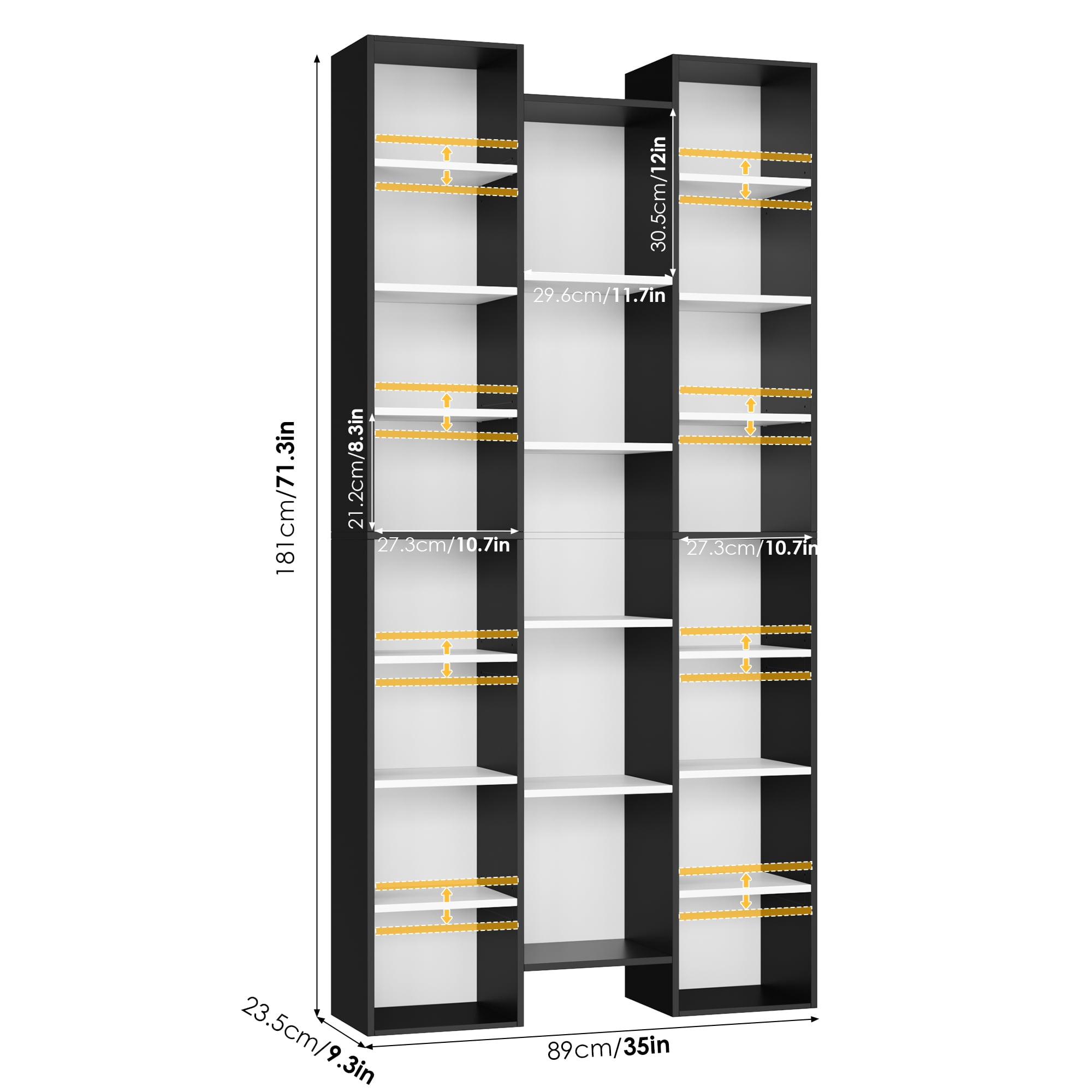 Homfa 2 Pieces Bookshelves, 71’’ Tall Three Row Bookshelf with Adjustable Shelves, 21-Cubes CD Display Storage Organizer Shelf for Living Room Home Office, Black+White