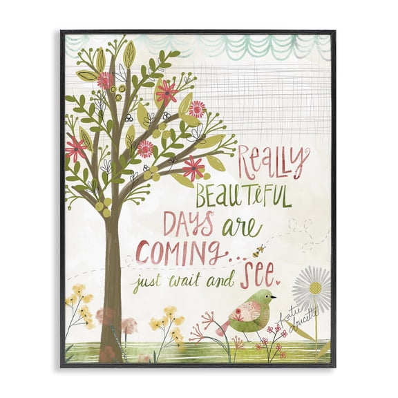 Stupell Industries Eclectic Pink and Green Really Beautiful Days Spring Trees and Bird Illustration Black Framed Giclee Art, 11 x 14, by Katie Doucette