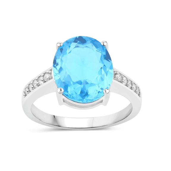 Swiss Blue Topaz Bridge Ring 5.29 Carat in 925 Sterling Silver with Diamonds