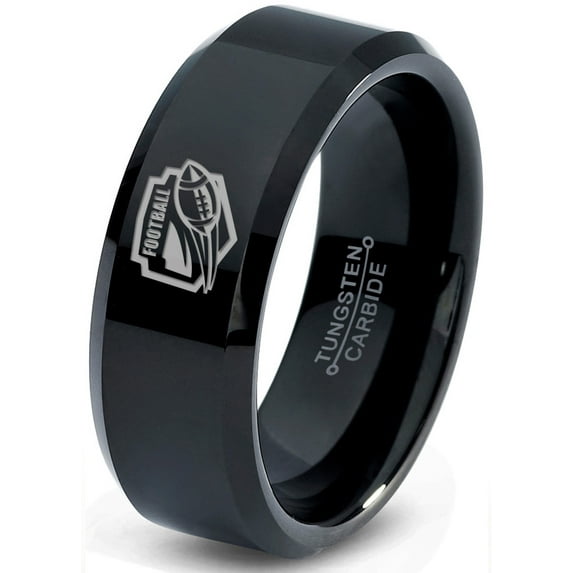 Tungsten Football Players Band Ring 8mm Men Women Comfort Fit Black Beveled Edge Polished