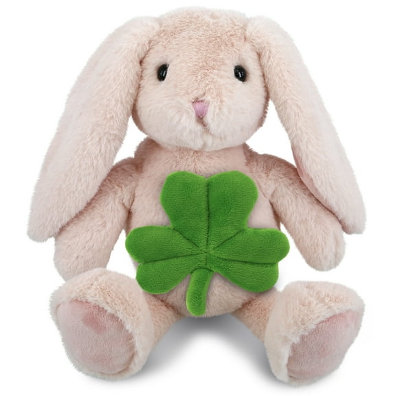 DolliBu Baby Pink Rabbit Stuffed Animal with Green Plush Shamrock, Cute Green Shamrock Plush, Fun St Patricks Day Stuffed Animal Rabbit, Good Luck St Patricks Day Toys for Kids, Baby - 8 Inches