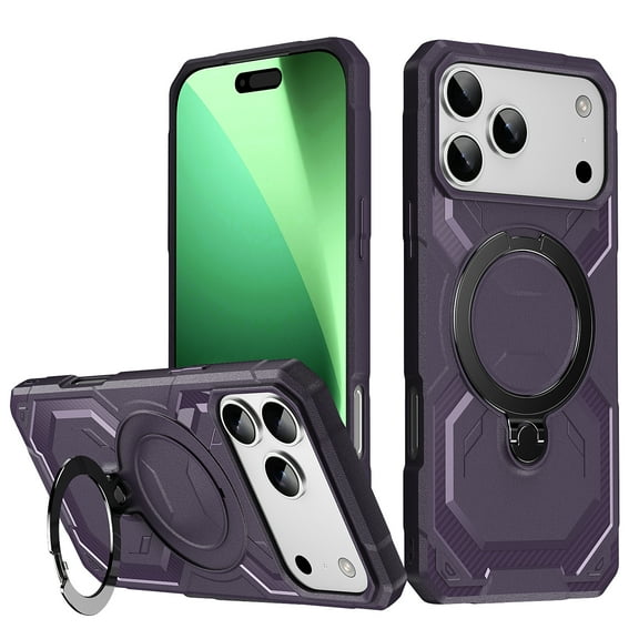 Heavy Duty Phone Case For iPhone 17 Pro Max,Built-in Rotatable Magnetic Ring Kickstand,Shockproof Dropproof Tough Rugged Anti-fall Protective Phone Case Cover For iPhone 17 Pro Max, Purple