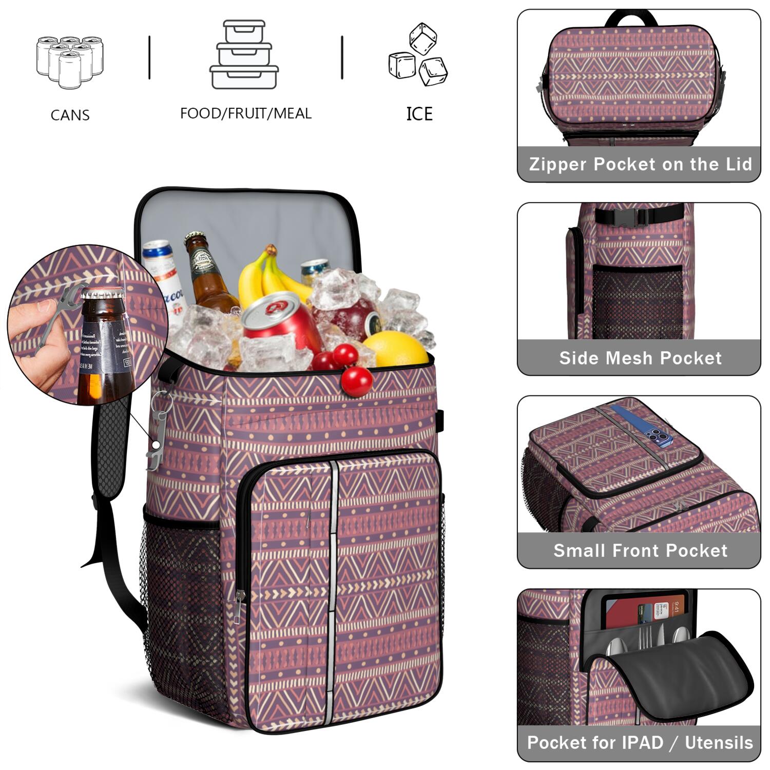 Travel Cooler Bag - Boho Bohemia Pioneer Flower Geometric Line Art Camping Beer Cooler Backpack with Bottle Opener- Waterproof Insulated Picnic Backpacks - Cooler Bag for Beach
