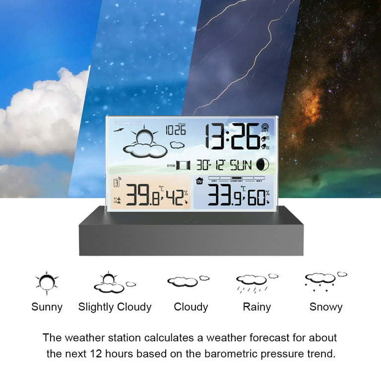 NUSICAN 7- inch Wireless Station Indoor Outdoor Thermometer, Color Display  Digital Temperature Humidity Monitor with Atomic Clock, Weather Forecast