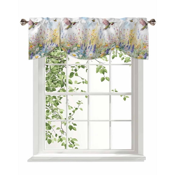 Spring Flowers Bird Tie Up Valances Curtain, Oil Painting Flower Watercolor Kitchen Valances for Windows Decor, Rod Pocket Short Curtains Set for Bedroom/Bathroom, 42"x12"