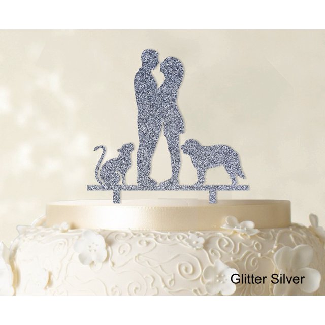Couple Wedding Cake Topper With Pets Silhouette Wedding Topper Cake Decorations Color Option Available 6.5-7.5 Inches Wide