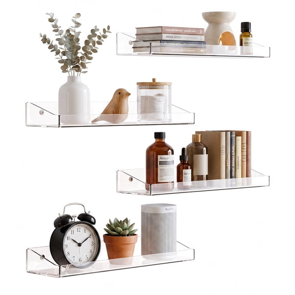 Behome 4 Pack Acrylic Floating Shelves, 15" Wall Mounted Acrylic Shelves, Wall Mounted Storage Shelf for Office, Bedroom & Living Room