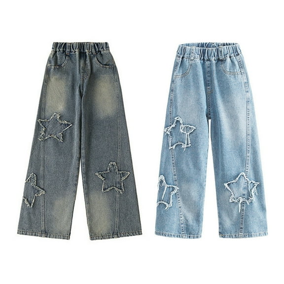 Cargo Jeans for Boys Girls Wide Leg Pants Elastic Waist Baggy Trousers with Multi Pocket Kids Straight Leg Denim Pant 4-16Y