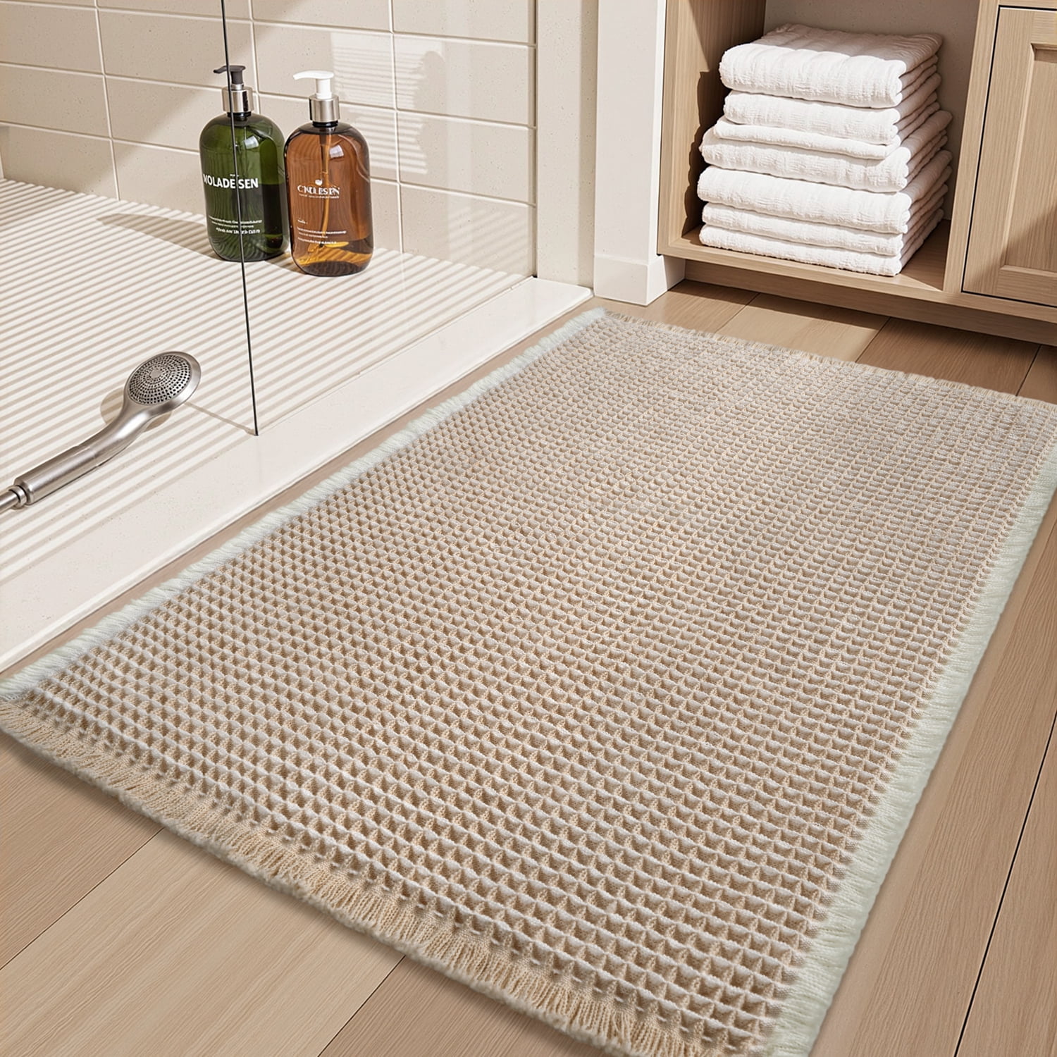 SIXHOME Bathroom Rugs Waffle Bath Rug Super Soft Absorbent Non Slip Bath Mat Beside Tub Rubber Backed Machine Washable Bathroom Rugs with Tassels Boho Bathroom Decor 24" x 36" Beige