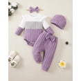 thumbnail image 2 of KIMI BEAR 12 Months Infant Baby Girls Outfit Set 18 Months Clothes Ruffle Long Sleeves Color Block Romper Bowknot Pants with Headband and Hat 4pcs Winter Clothing Purple, 2 of 9
