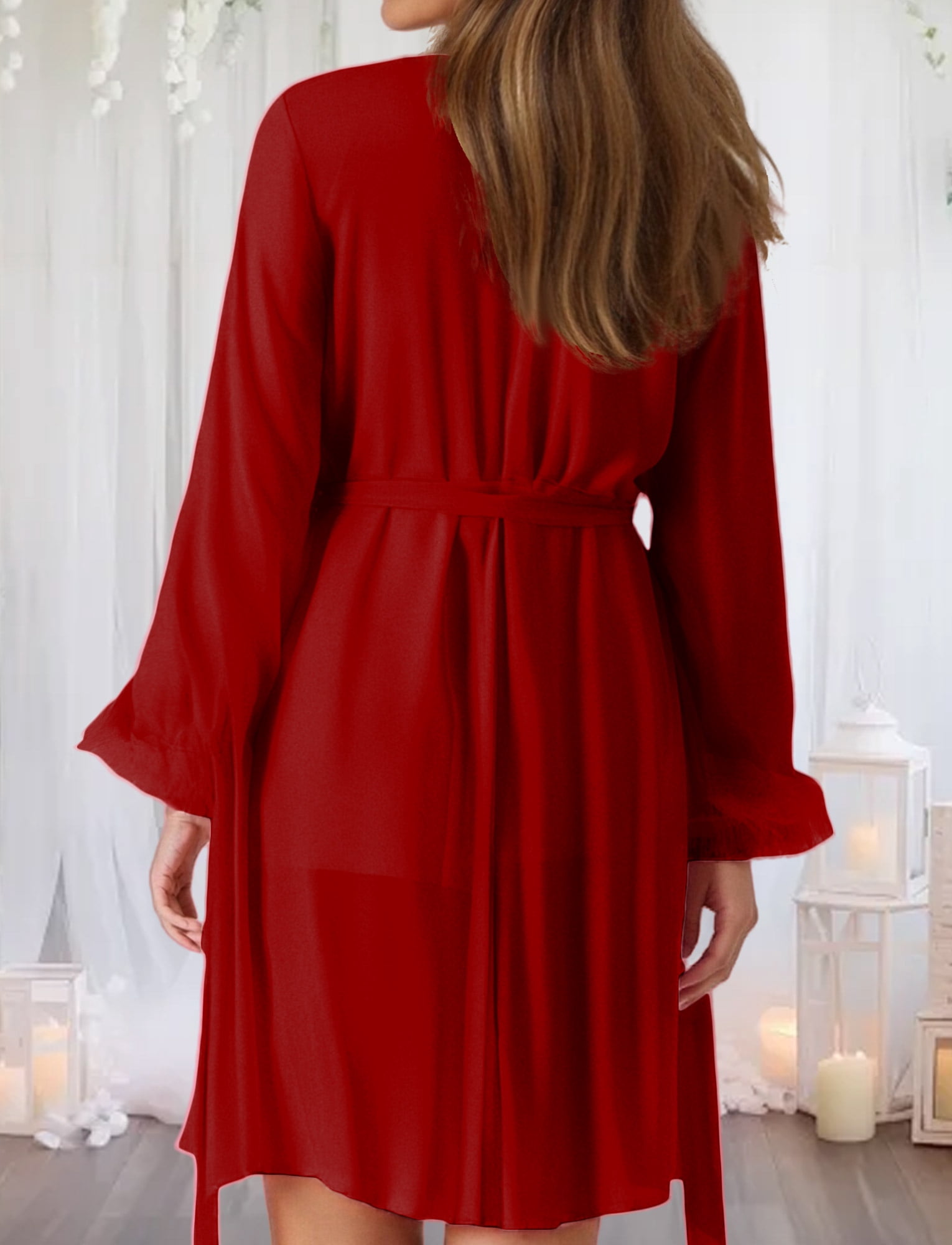 Aivtalk Womens Nightgown Kimono Robe Sets Lace Mesh Ruffled Cami Babydoll Lingerie Sexy Strap Sheer Chemise Sleepwear Long Sleeve Pajamas 2 Piece Red XL