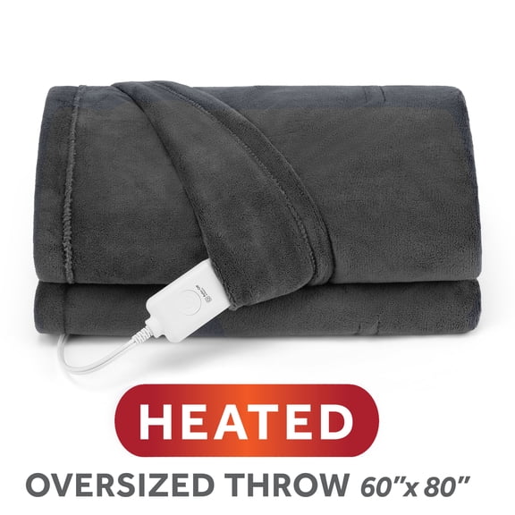 Sunbeam Heated Electric Oversized Throw Blanket, Microplush, Greystone, 4 Heat Settings, 60 x 80 Inch
