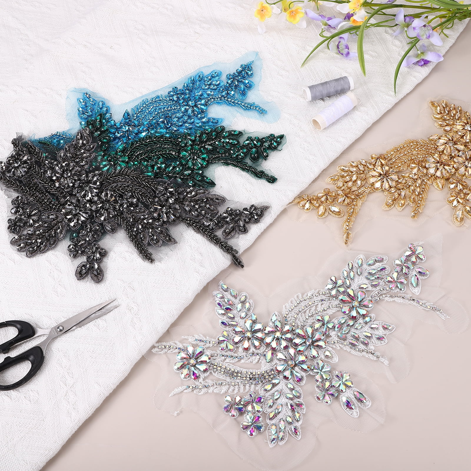 Uxcell 2Pack Rhinestone Applique Patches, 11x7 Inches Crystal Purple Lace Embroidery Patches Sew on Rhinestone Beaded Sequins for Sewing Making Dresses Wedding Banquet Evening Gown
