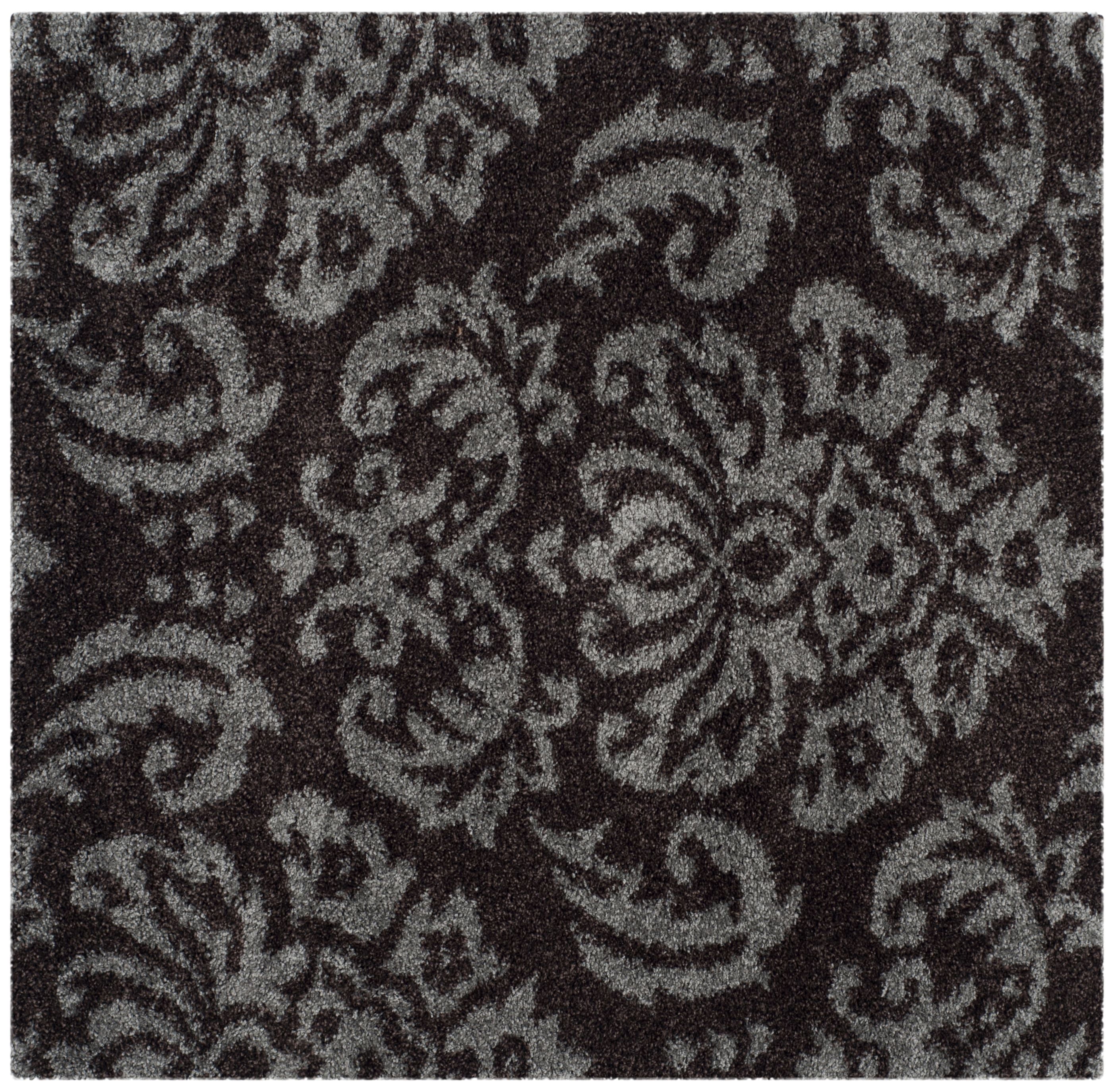 SAFAVIEH Florida Desmond Damask Plush Shag Area Rug, Dark Brown/Smoke, 5' x 5' Square