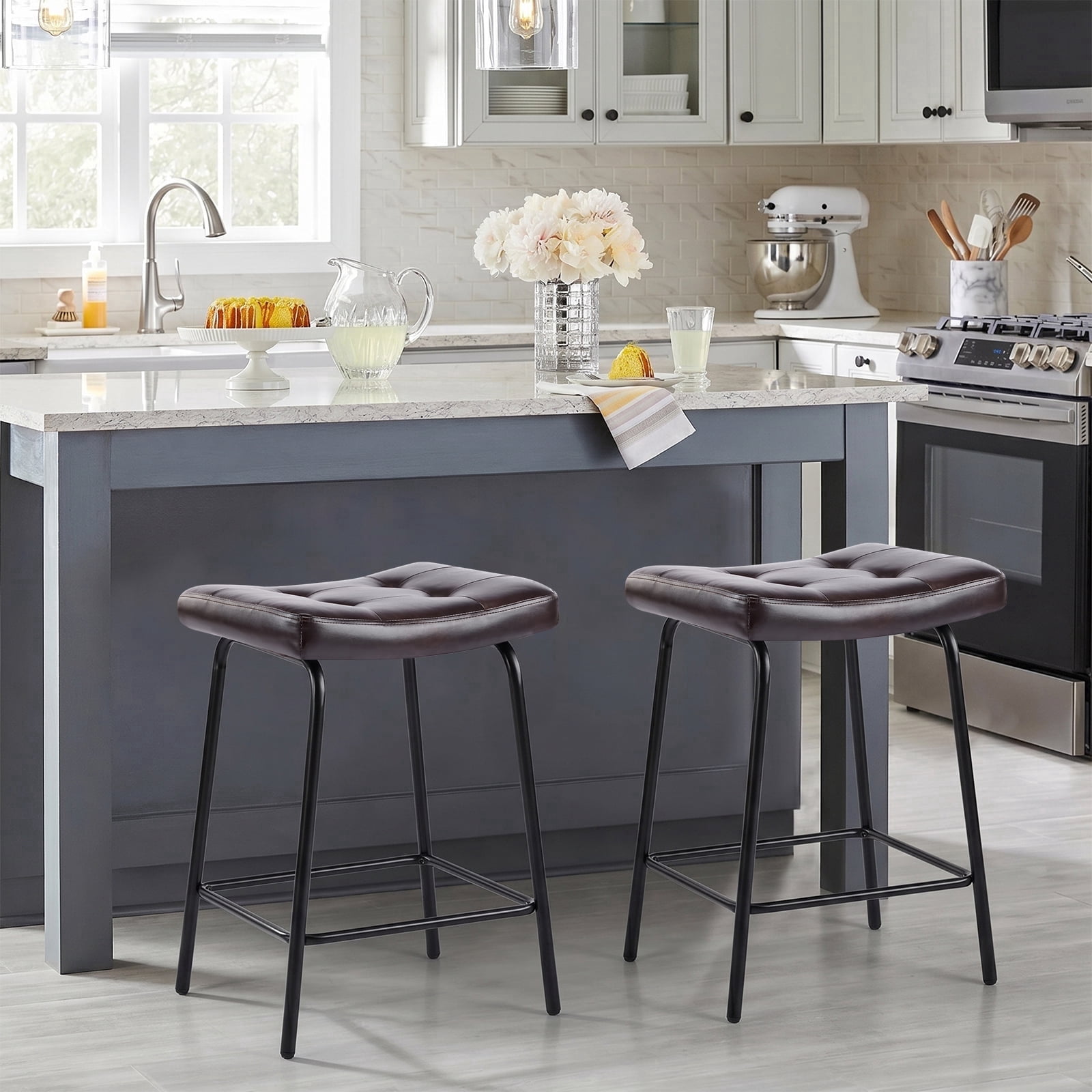 25" Saddle Counter Stools Set of 2, Tufted Faux Leather Counter Height Bar Stools with Metal Legs for Kitchen Island, Black Brown