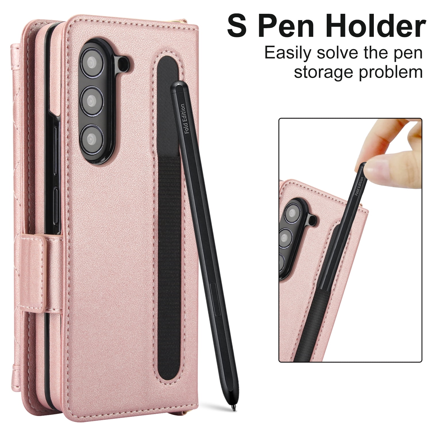 for Samsung Galaxy Z Fold 5 Case Wallet with S Pen Holder for Women, 12 Card Holder & 2 Cash Pocket & Shoulder Strap & Wristlet Flip Stand PU Leather Phone Case with RFID Blocking, Rosegold