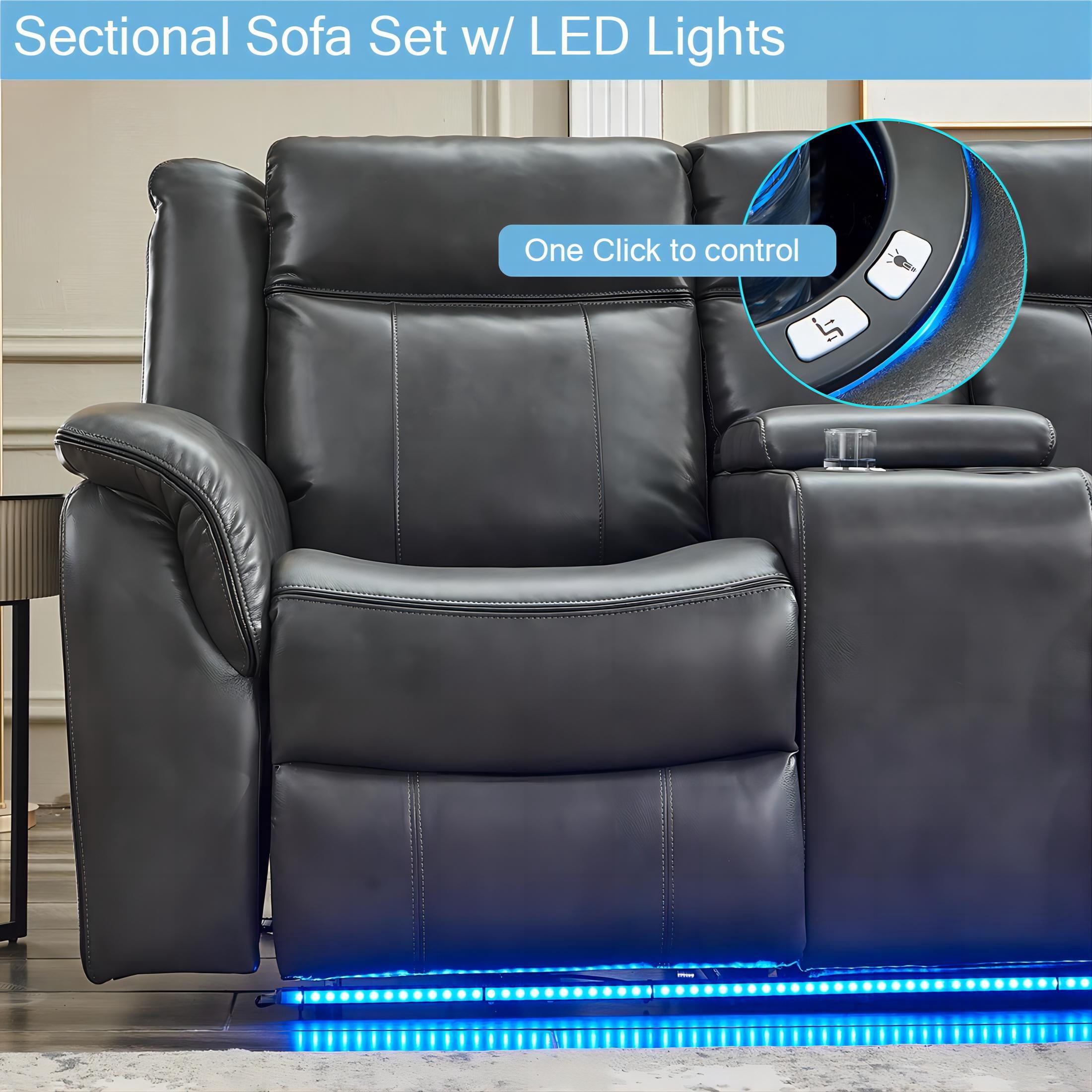 Recliner Sofa Sets with LED Lights,Faux Leather Reclining Sectional Couch for Living Room Furniture Sets with USB Port,Storage Console,Cup Holders Gray