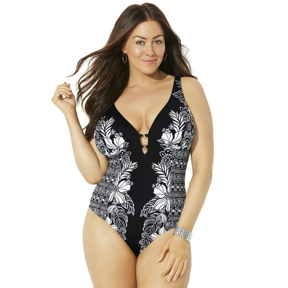 Swimsuits for All Women's Plus Size V-Neck Ring One Piece Swimsuit