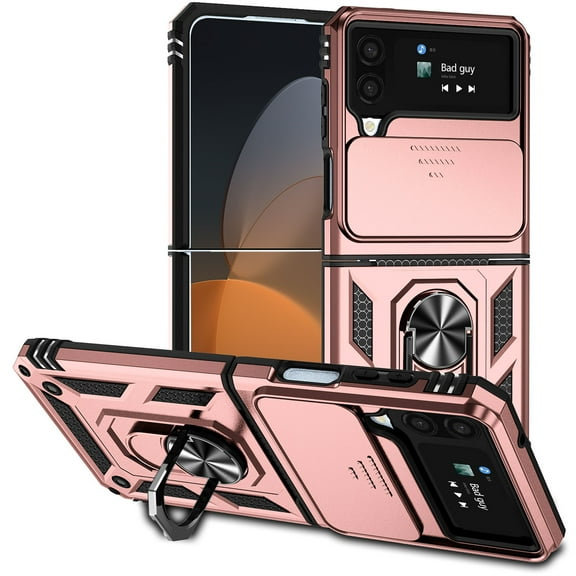 K-Lion For Samsung Galaxy Z Flip4,Shockproof Magnetic Ring Stand Slide Camera Lens Protector Full Protection Case Cover,Rosegold