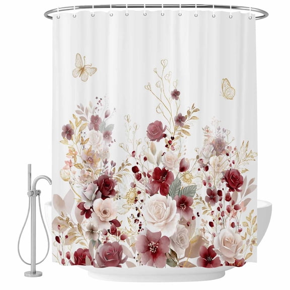 Red Spring Floral Shower Curtain, Waterproof Shower Curtains for Bathroom, Elegant Pastoral Flowers Watercolor Washable Fabric Bathtub Curtain Set Bath Decor with 12 Hooks Long 72"x84"
