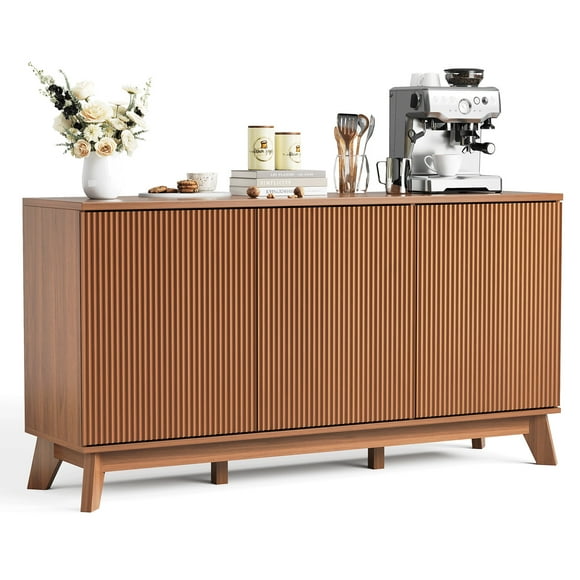 Modern Farmhouse Sideboard Buffet Cabinet – 58" Walnut Fluted Wood Credenza with Curved Doors, Adjustable Shelves, Versatile Storage for Dining Room, Kitchen, Living Room, or Coffee Bar, Walnut