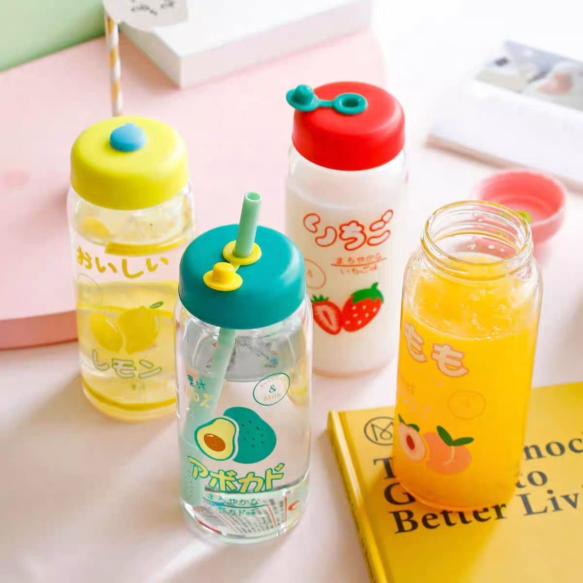 12 Oz Glass Water Bottle with Straw Lid Handle Cute Kawaii Mini Small Clear  Milk Bottles for Grils Women Ladies