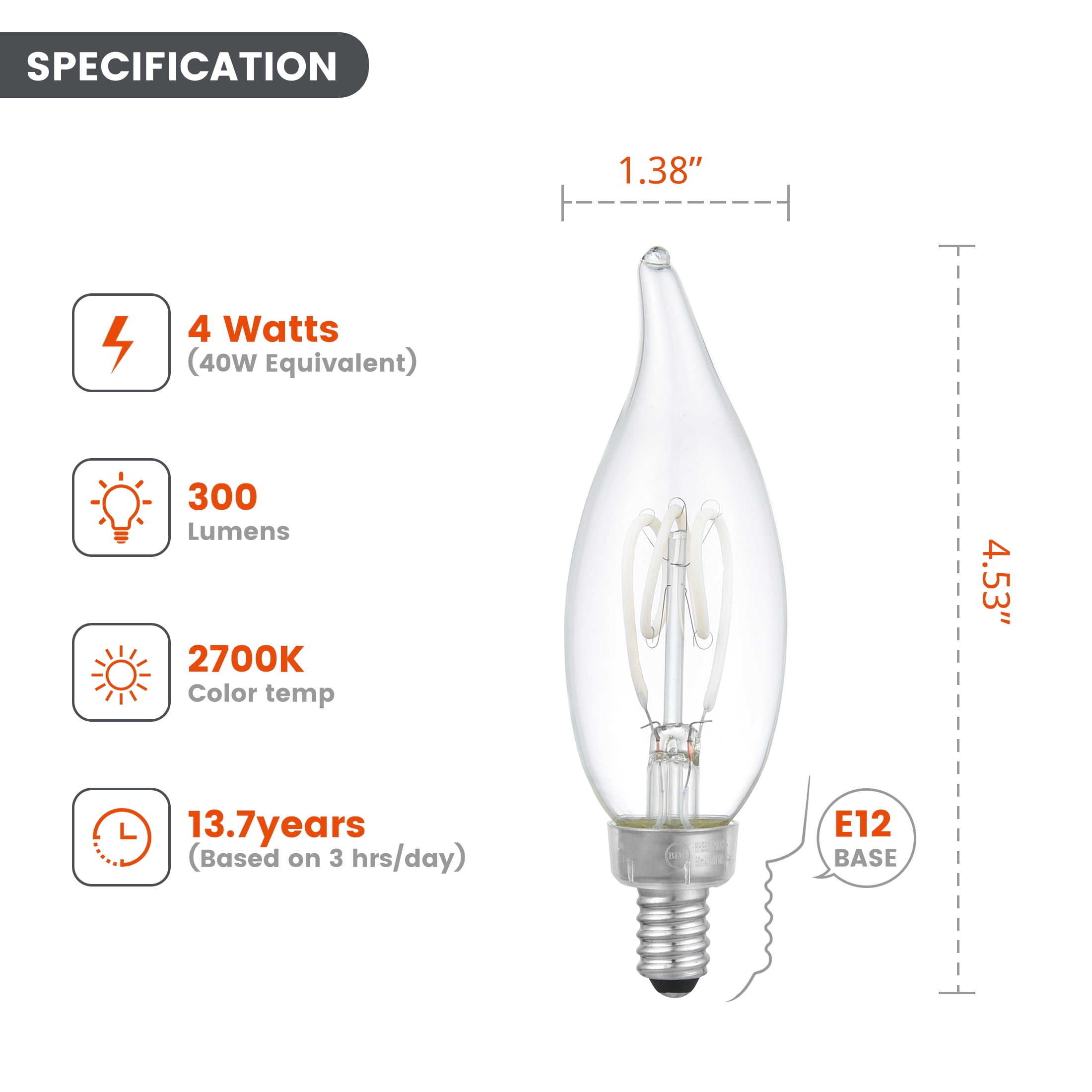 (2 pack) Better Homes & Gardens 4W (40W Equivalent) Soft White Dimmable CA10 White Filament Light Bulbs E12 Base 2 Pack