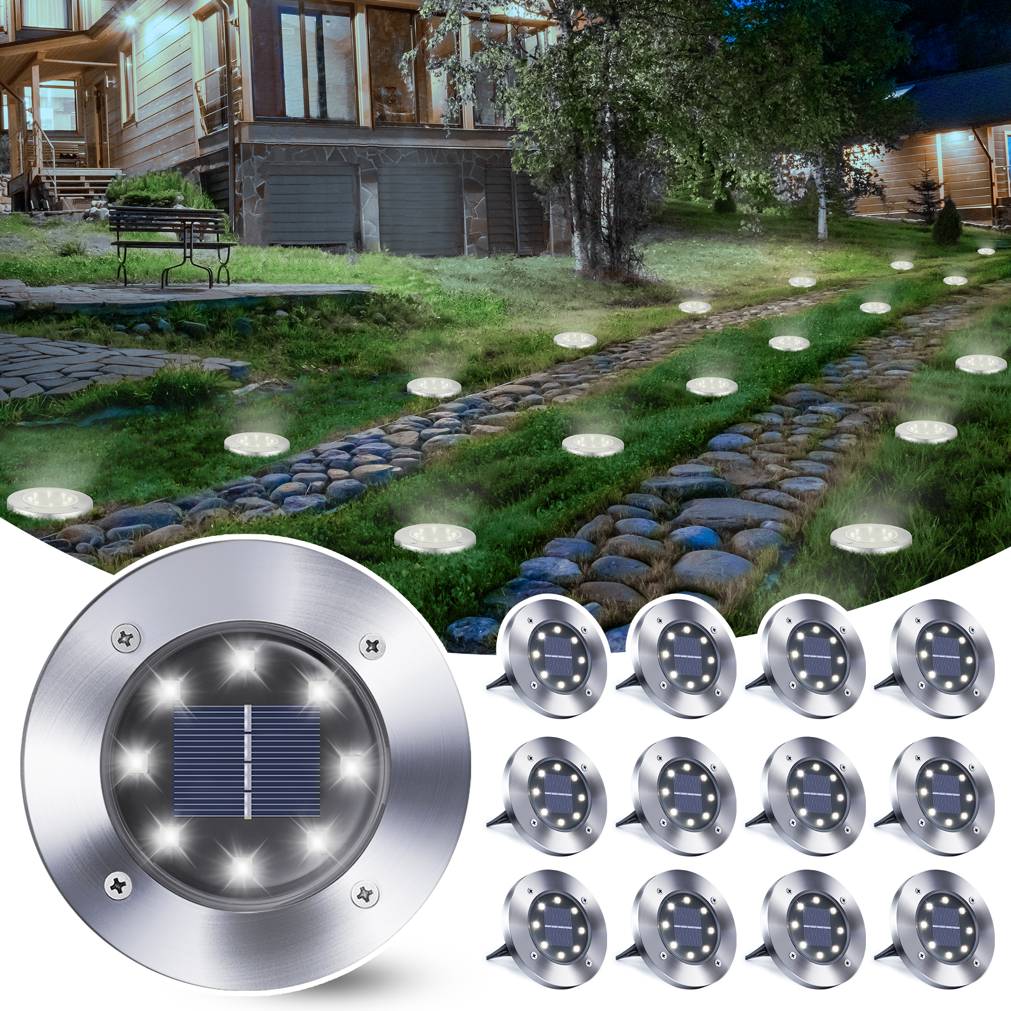 Toodour 12-Pack Solar Ground Lights, White Disk photo 6