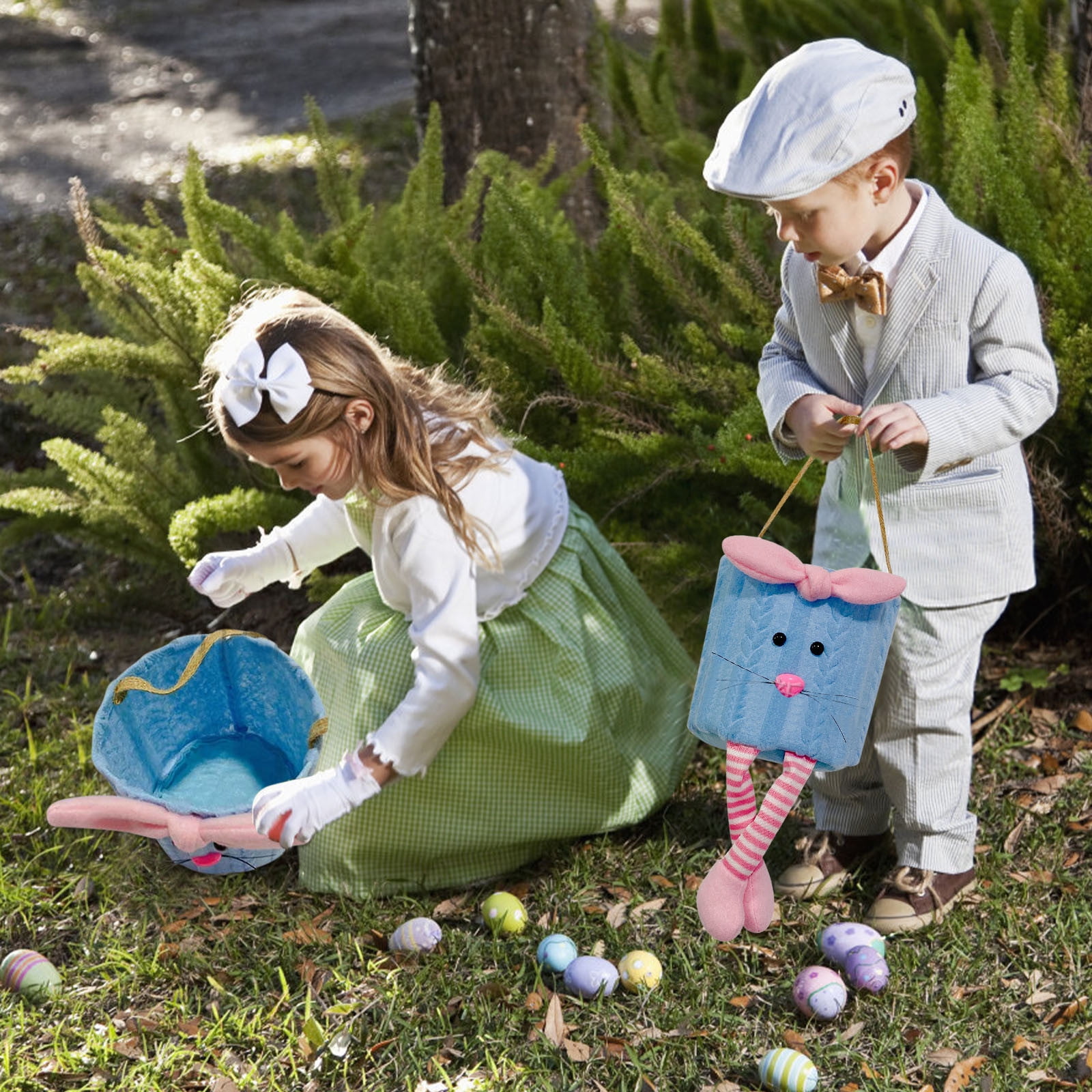 Adorable Bunny Happy Easter Bucket Easter Bunny Rabbit Blue Basket Easter  Basket Bag for Kids Carrying Eggs and Candy, Egg Hunt Bag, Blue