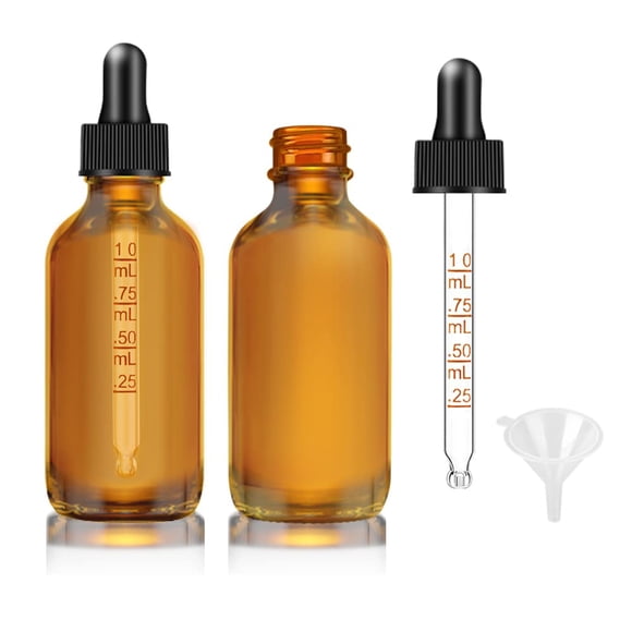 Bumobum Botella cuentagotas de 2 oz, paquete de 2 botellas cuentagotas de vidrio ámbar con etiquetas y botella de tintura de embudo con cuentagotas medido, botellas de aceites esenciales a prueba de f
