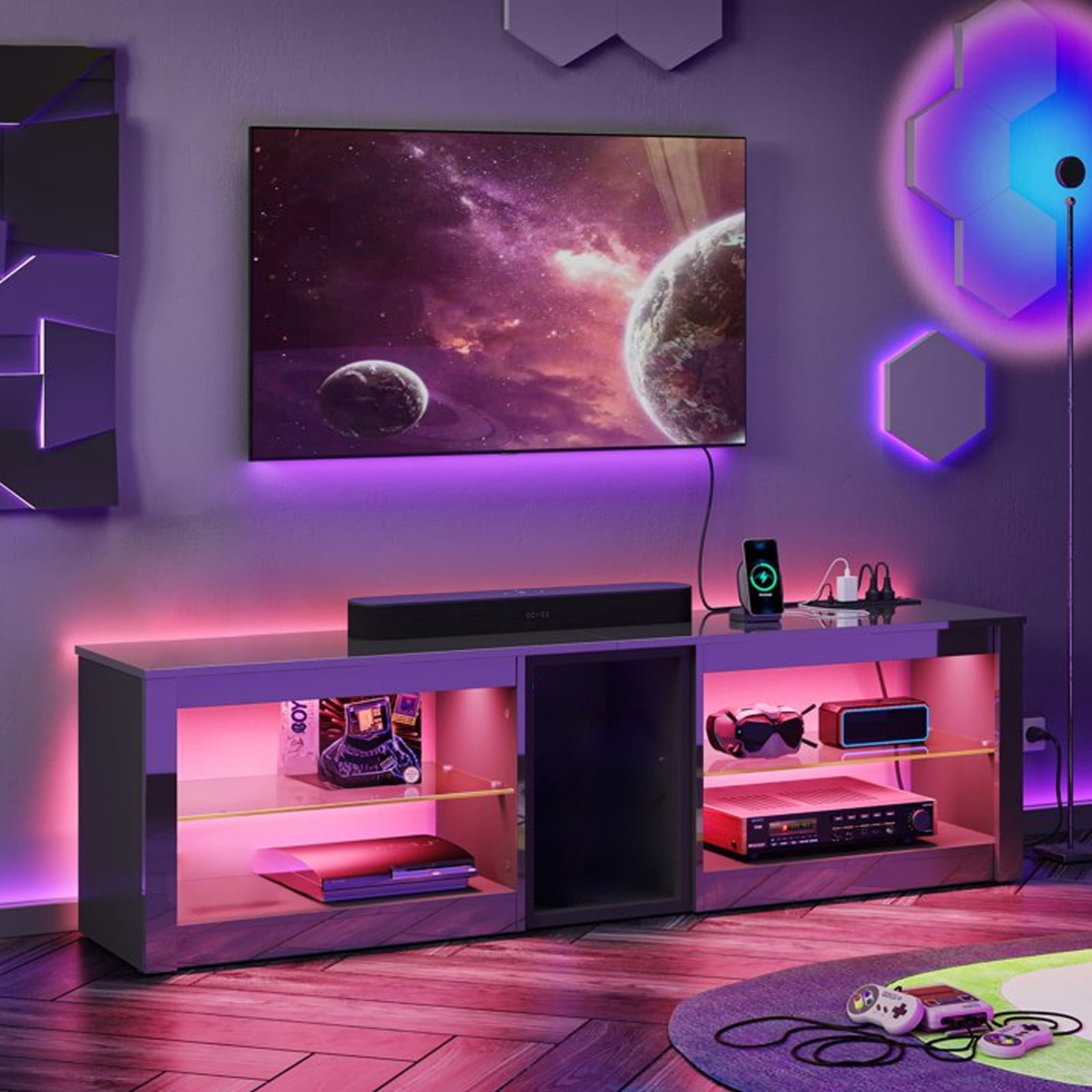 Bestier TV Stand for 70 inch TV with Power Outlets, High Gloss Entertainment Center with LED Lights & Glass Shelves, Glossy Black