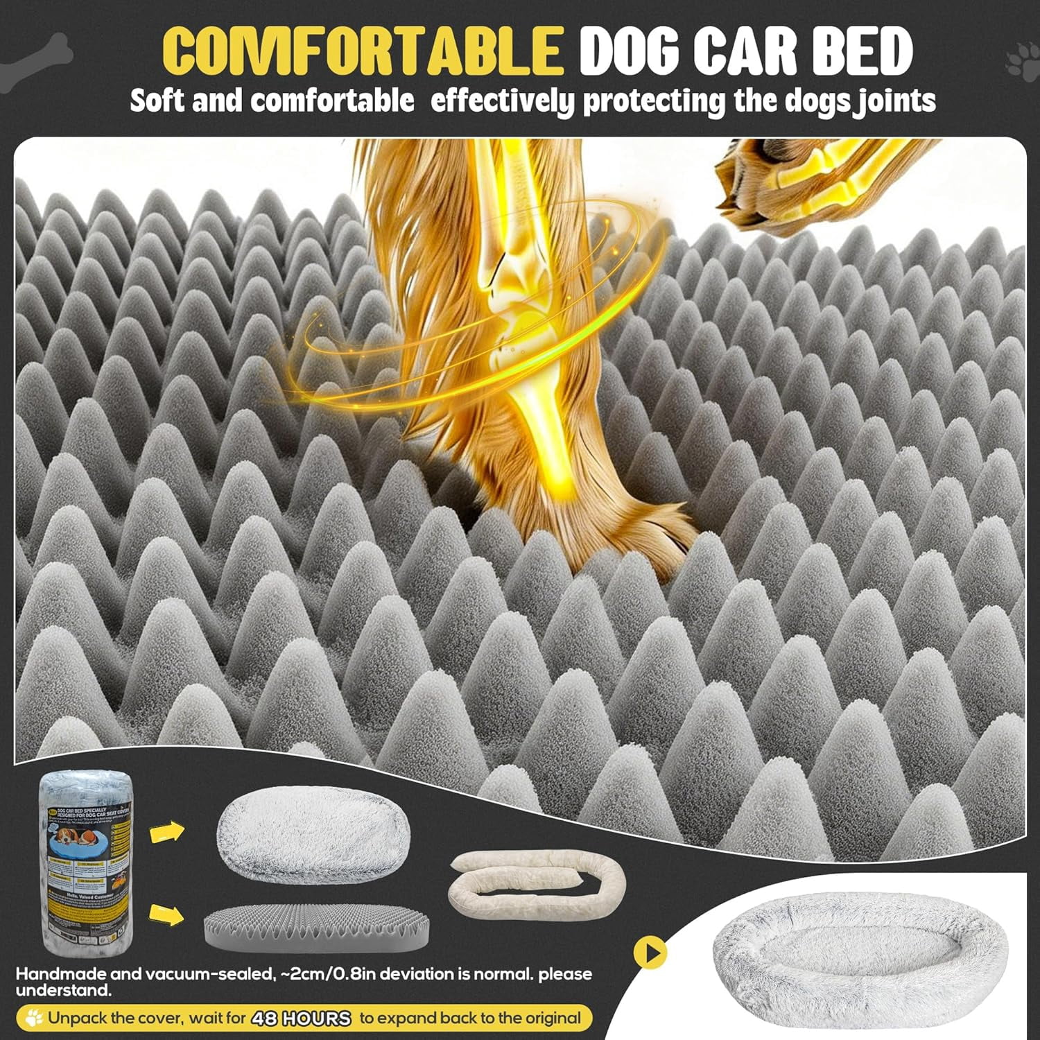 Orthopedic Car Dog Bed for Large Dogs, Waterproof Faux Fur Calming Travel Bed
