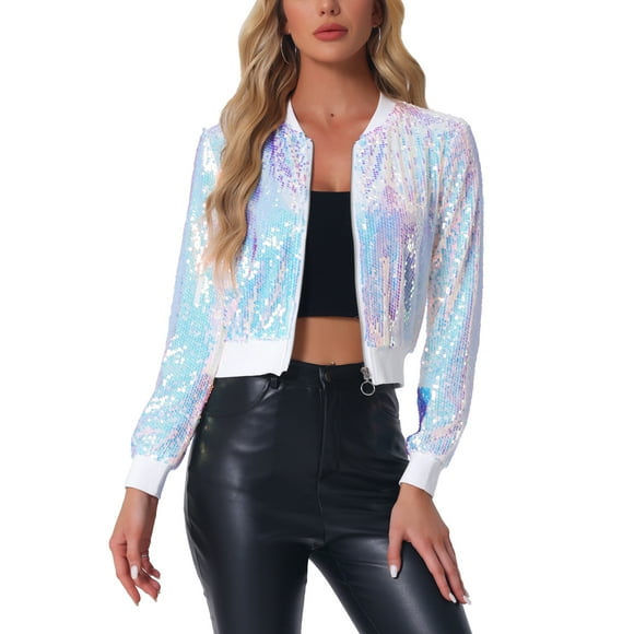 INSPIRE CHIC Women's Sequin Party Long Sleeve Zipper Up Cropped Bomber Jacket XS Light Pink